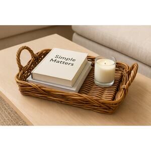 Rustic Woven Rattan Basket Tray with Handles 20.5” Serving Decor